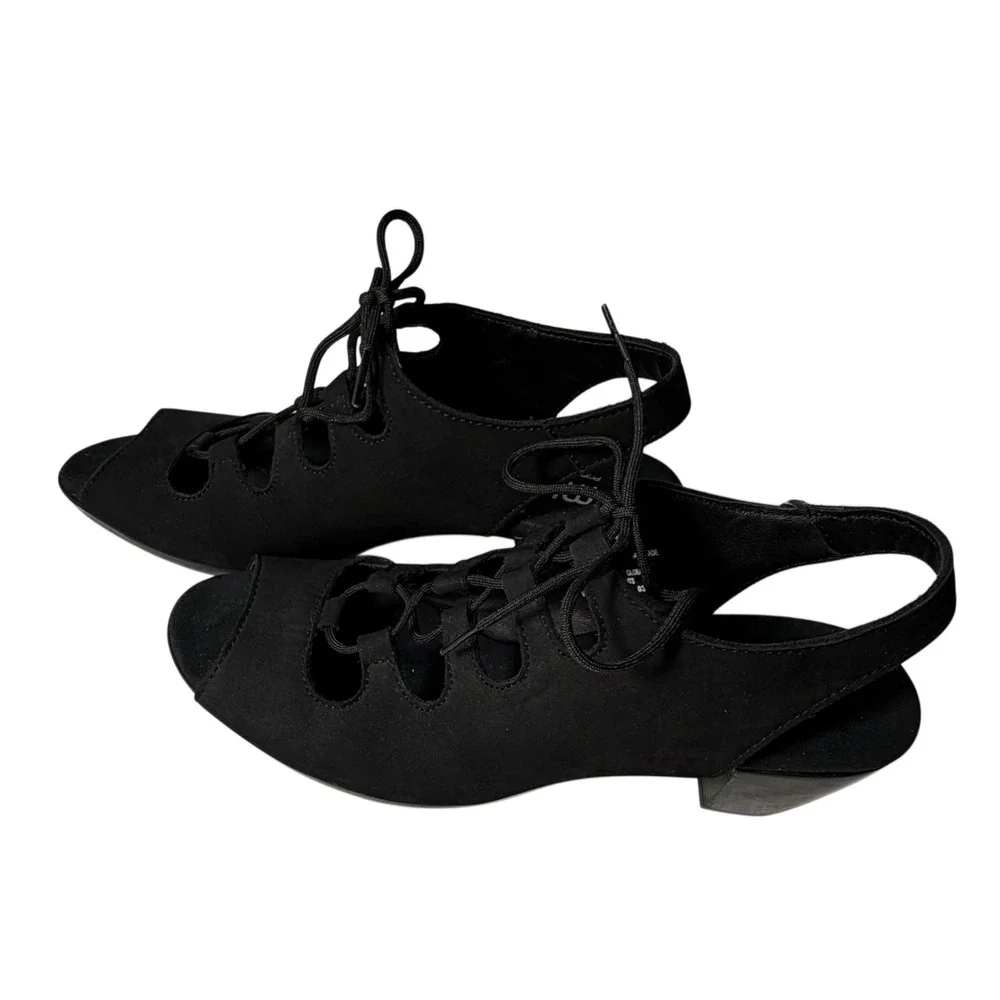 Munro Jillie Black Nubuck Ghillie Lace Up Slingback Block Heel Sandals 8N